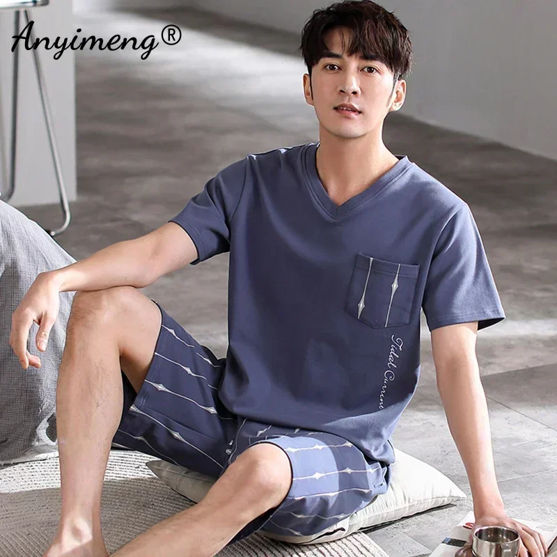 Sleepwear Set for Man Summer 2023 New Knitted Cotton Lounge Wear V Neck Leisure Home Suit Plus Size 4xl Two Piece Pajama Set Men