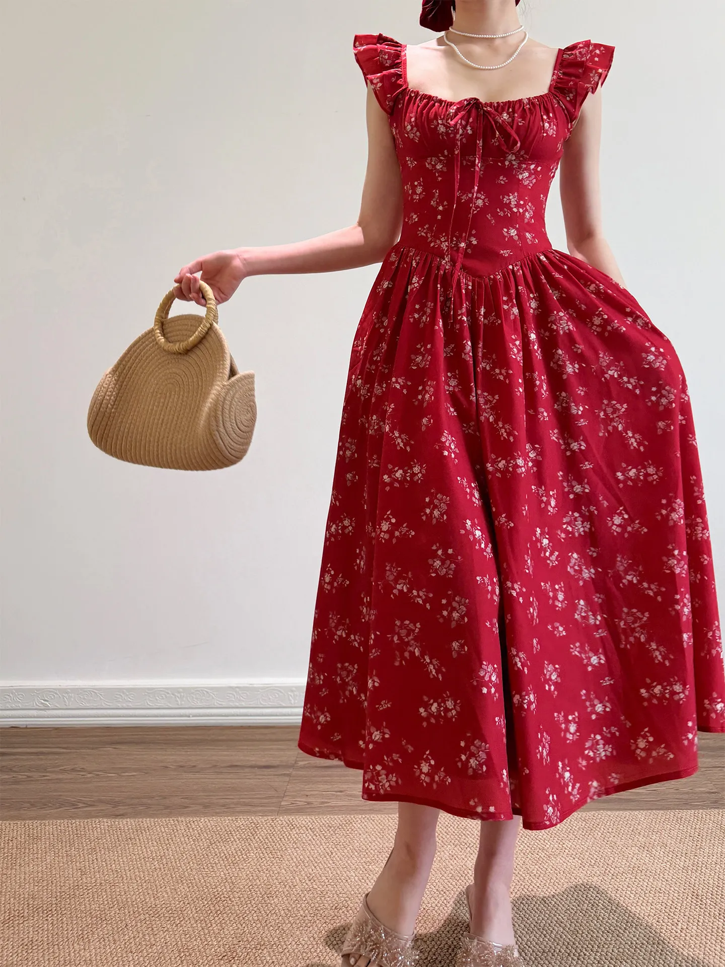 

84-100cm Bust Spring Summer Mid-Length Dresses Women French Style Vintage Elegant Slim Square Neck Floral Long Red Dresses