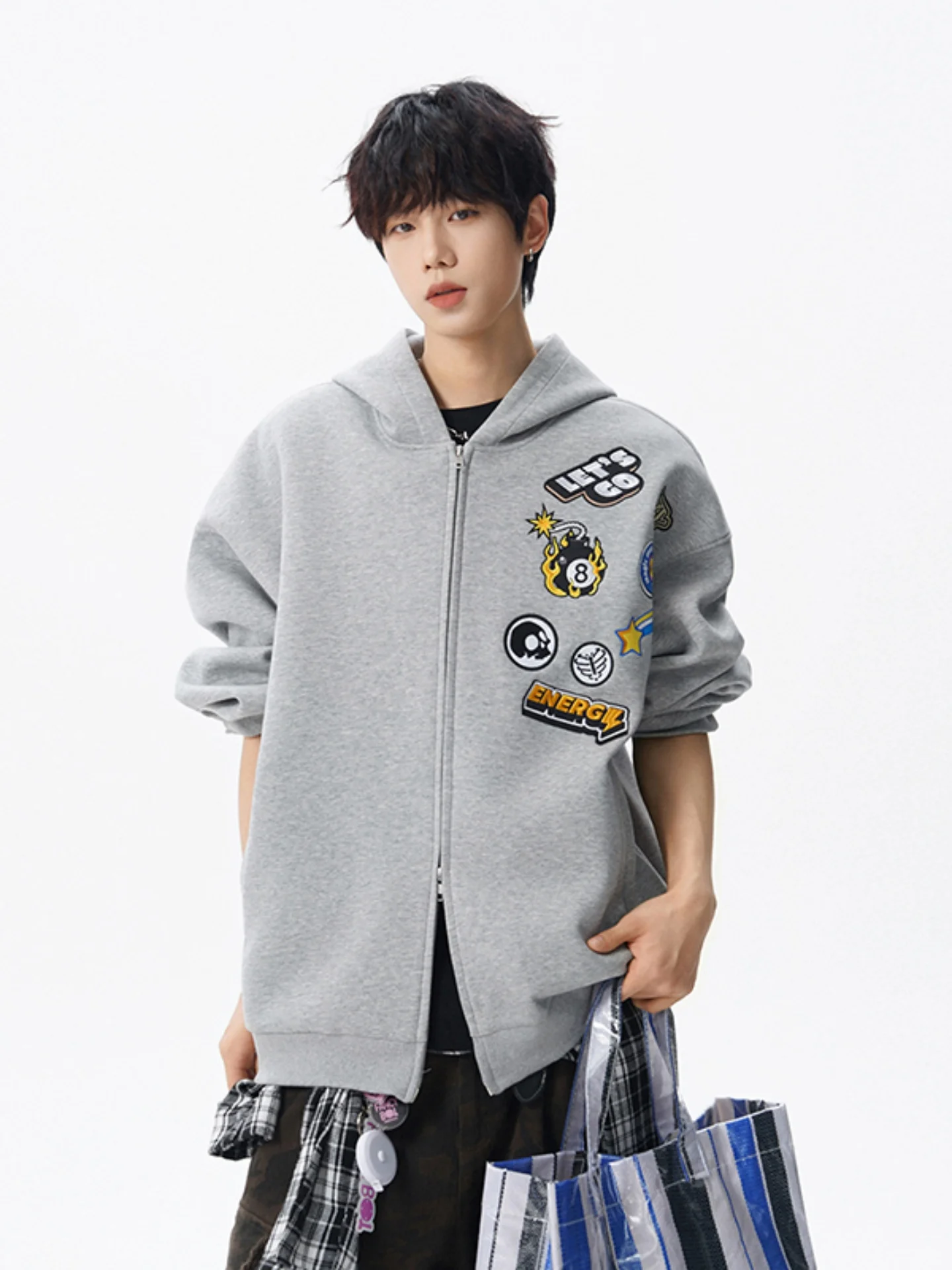 

Double Zipper Embroidered Bae Hoodie Jaet Men's Vintage American Motorcycle Loose Fit Spor Autumn Outerwear