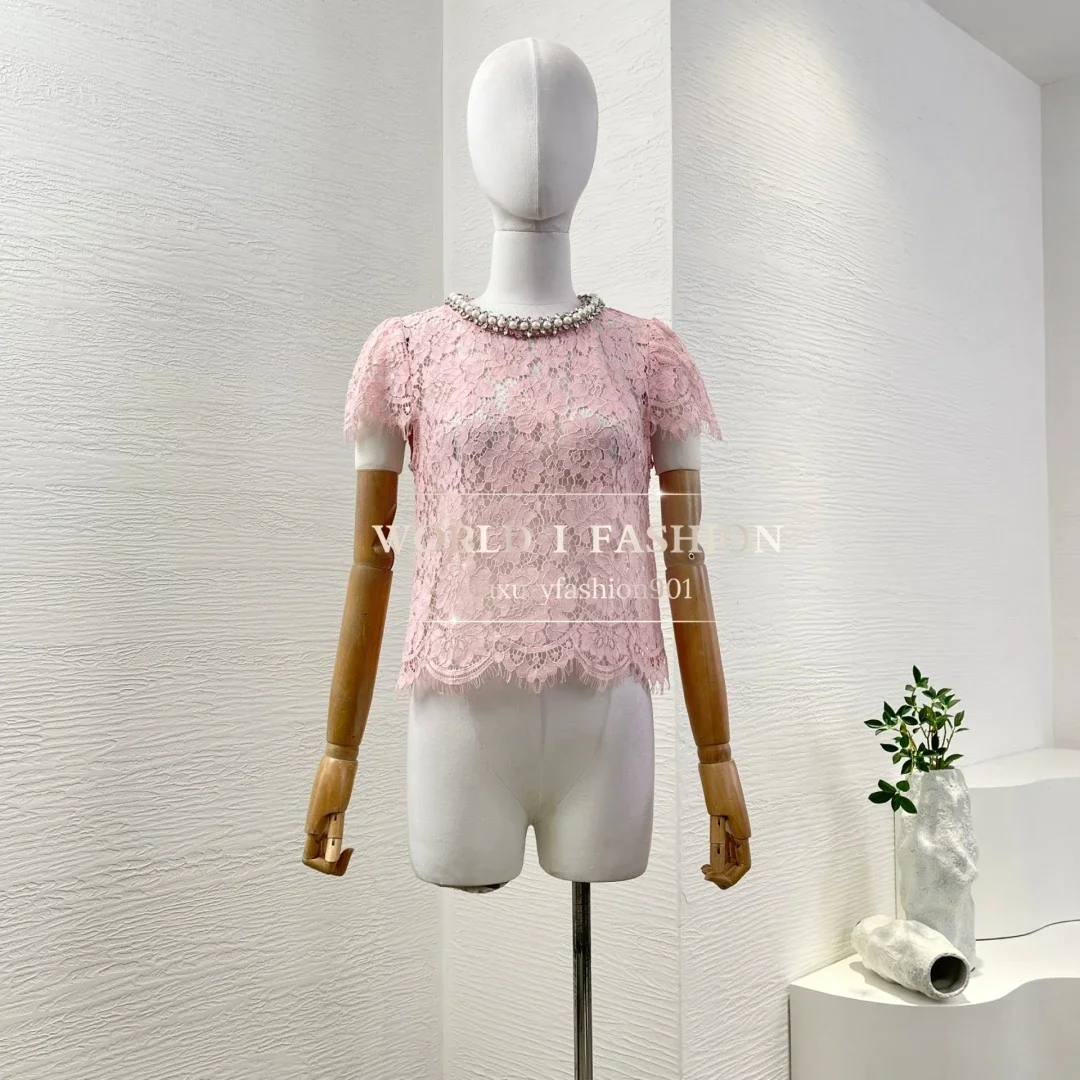 

2025 high quality pink beading short sleeve lace patchwork blouse tops