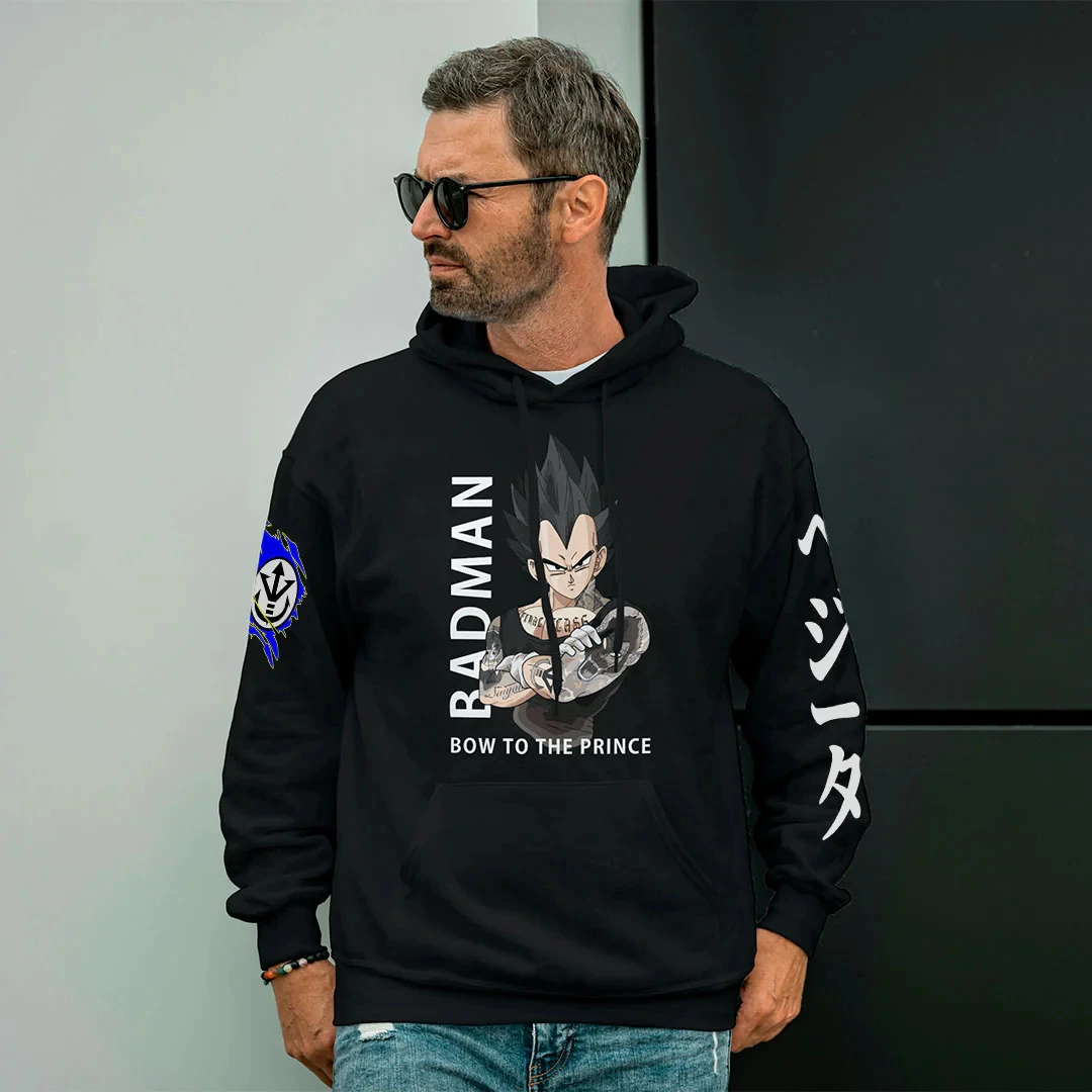 Sudadera con capucha verde de Dragon Ball con estampado de personajes Vegeta, diseño de tatuaje de brazo con pose de batalla de pelo negro con puntas para adultos y niños