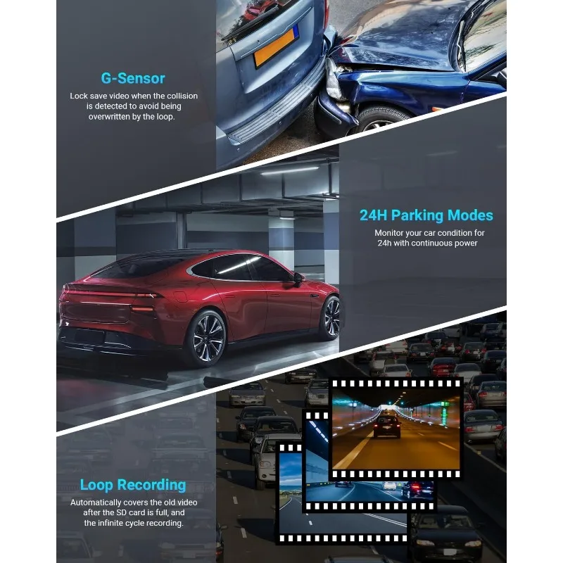 Dash Cam Frontal e Traseiro - Cam com 5G WiFi 2160P Visão Noturna 24H Modo Estacionamento 170 ° Porta USB C de gravação em loop com sensor G largo