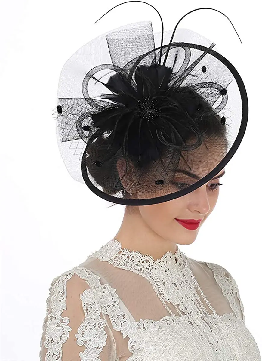 Women Girl Fascinator Hat Alice Headband Hairpin Mesh Hat Feather Cocktail Wedding Kentucky Derby Tea Party Hat Headwear