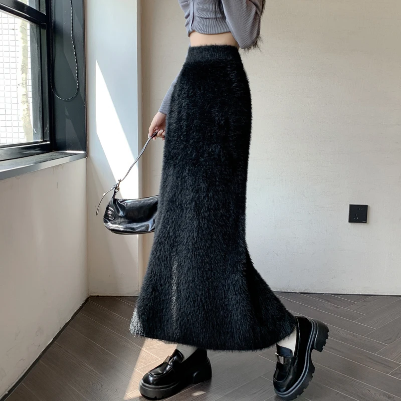 2024 New Autumn Winter Women Thicken High Waist Slim Long Skirt High Quality Fashion Imitation Mink Fur Knitted Skirt