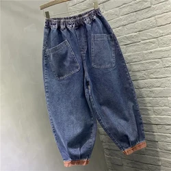 New Arrival Spring Arts Style Women Elastic Waist Casual Cotton Denim Harem Pants Double Pocket vintage Blue Loose Jeans C125