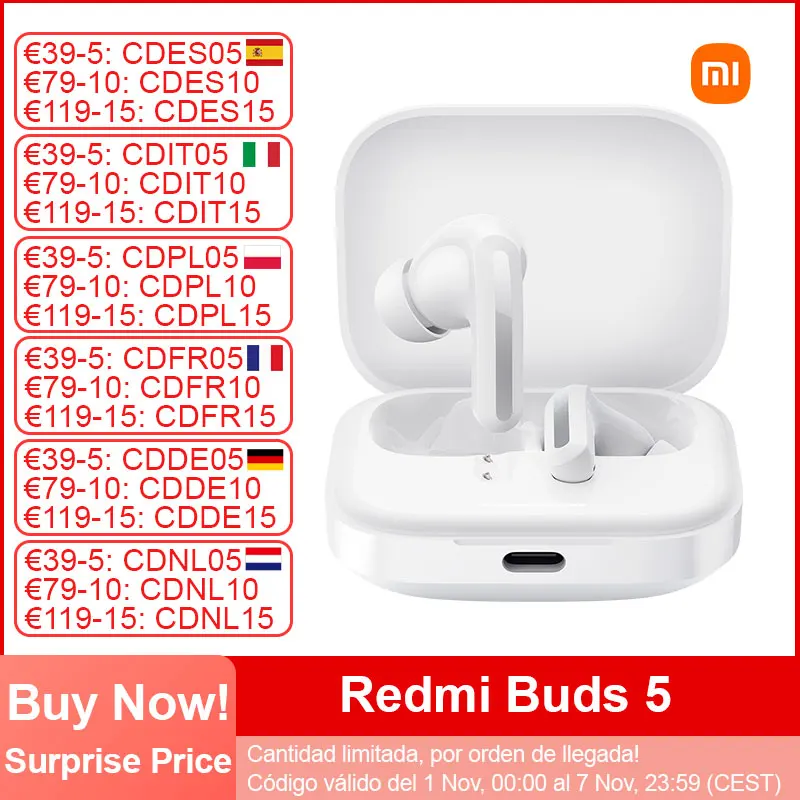 Xiaomi Redmi Buds 5 Bluetooth Earphone, BT5.3 Wireless Earphone, AI Noise Cancelling for Calls, Dual-device Connectivity