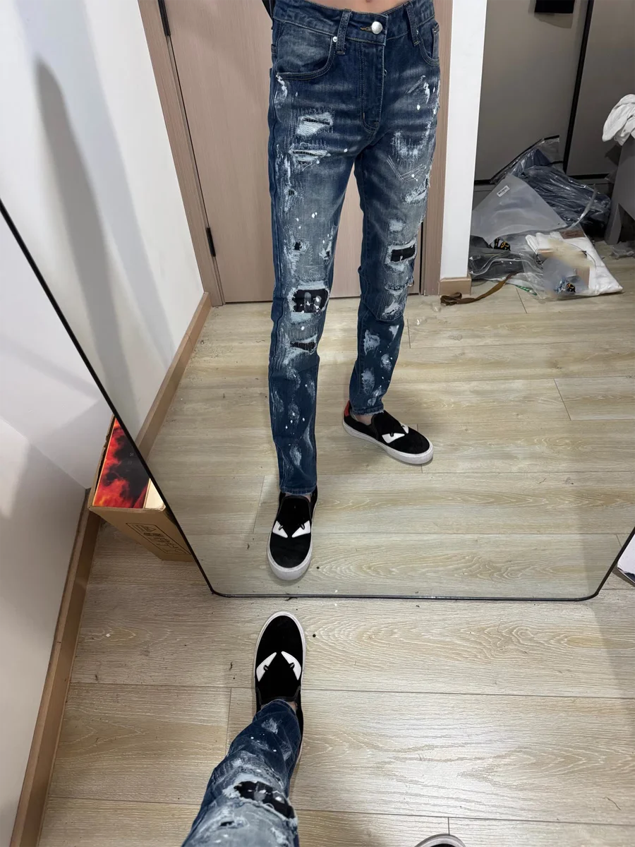 

American High Street Luxury Casual Jeans Men's Women's Straight Leg Slim Fit Fake Hole Faionable Loose Long Trousers