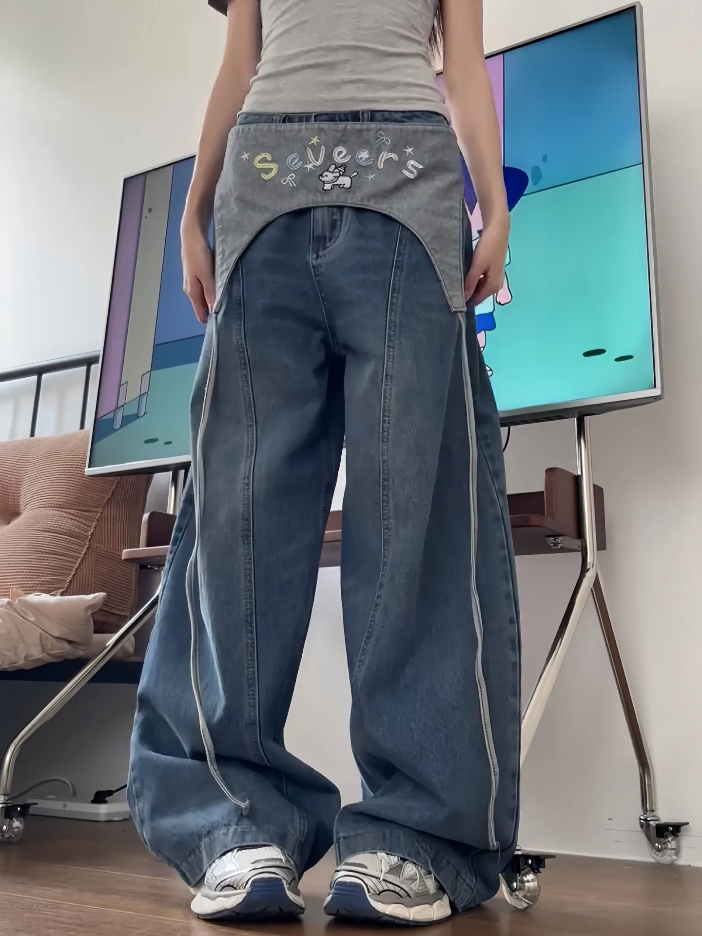 

American Retro Street Style Loose Wide Leg Jeans Men Women Casual Long Pants Color Block Design Youth Fashion Summer Jeans