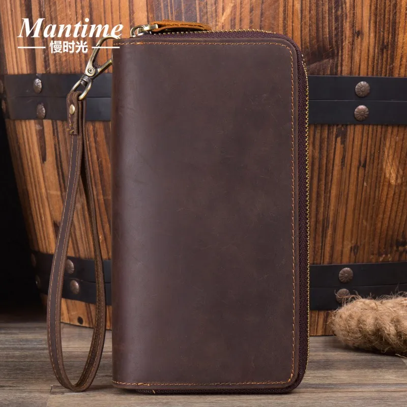 Crazy horse leather retro handmade wallet leather men's zipper clutch Baotou layer cowhide multi-card wallet.
