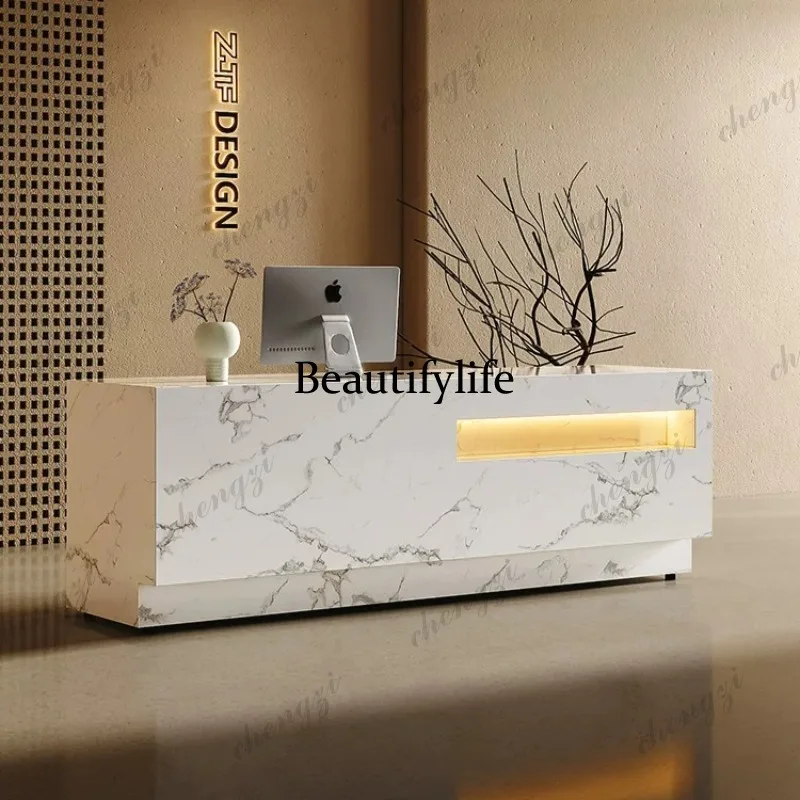 Modern light luxury company office reception desk store checkout page white light luxury imitation marble payment desk