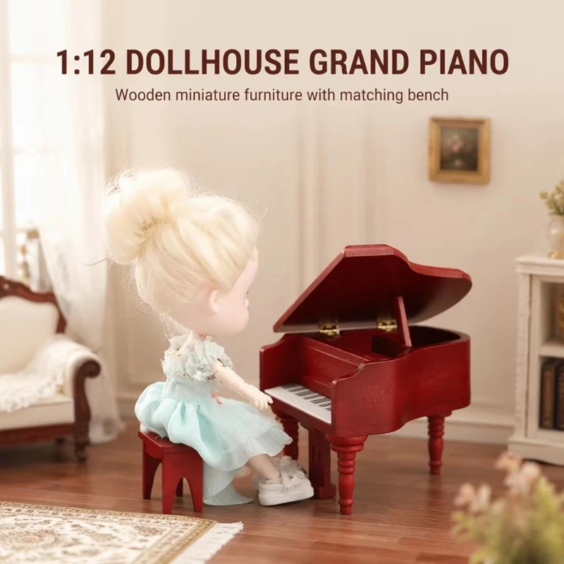 Wooden Miniature Grand Piano for Doll House Displays, with Keyboard Detailing, Turned Legs, and Open-Lid Styling 15UB