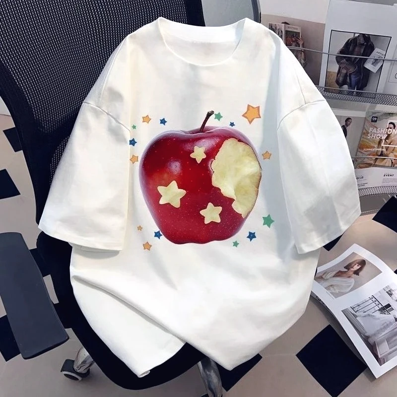 Women's Summer New Short-Sleeve Tops Red Apple and Star Printed Casual Female T-Shirt Top Women Vintage Breathable Clothes