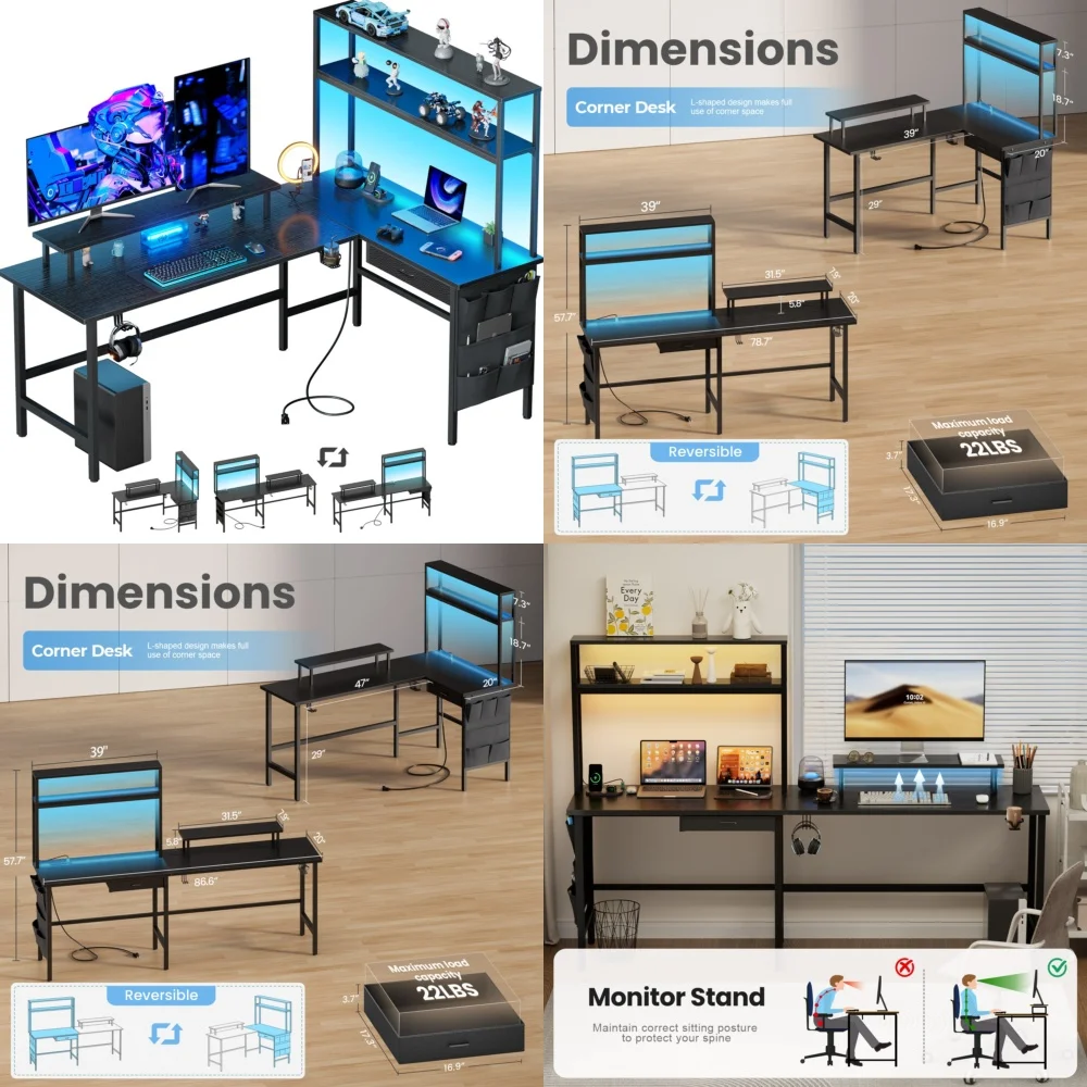 Computer desksL Shaped Gaming Desk with LED Lighting and Power Outlets PC Computer Desk with Monitor Stand for Home Office Setup