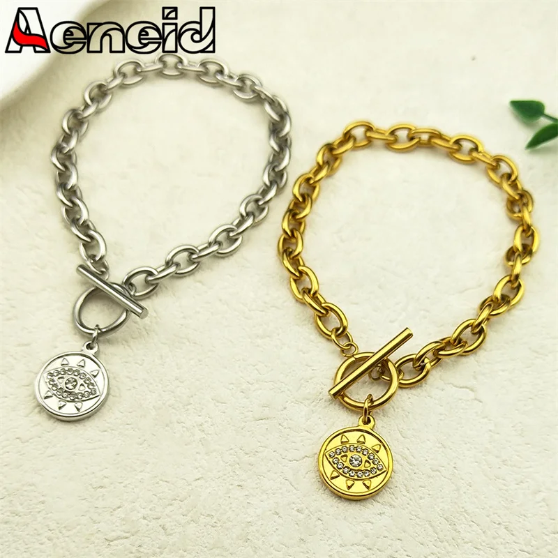 

Rhinestones Evil Eye Medal Pendant Bracelet For Women Men Stainless Steel Gold Color Crystal Demon Eye Hand Chain Jewelry