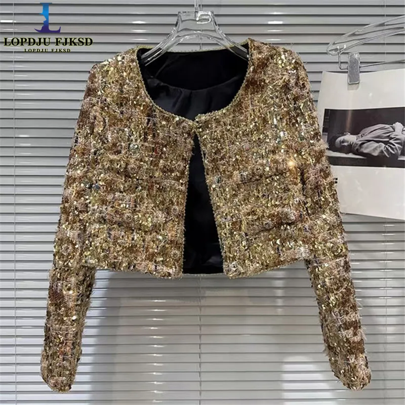 Luxury Gold Bead Embroidered Short Coat Top Coarse Flower Design Autumn New 2026 Top
