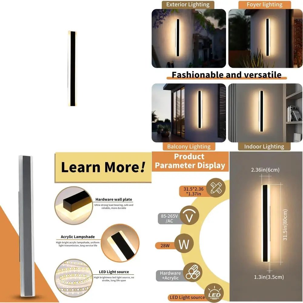 

31.4 Modern 3-Light Outdoor Wall Sconces, Acrylic Panel, 3000K-6000K, Waterproof, Minimalist for Patio, Yard, Garage