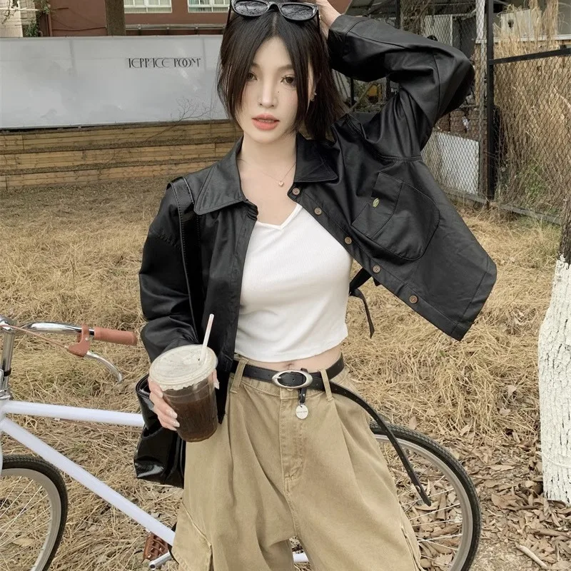 Deeptwon Short Brown Leather Jacket Women Vintage Streetwear Y2k Oversize Korean Fashion Cropped Racing Jackets Autumn Aesthetic