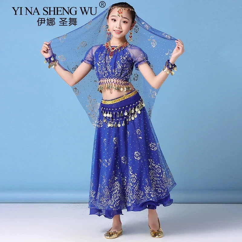 Childern Girl Belly Dance Costume Dress Indian Oriental Dance Sari Bollywood Bellydance Suit Performance kids Coins Top Belt