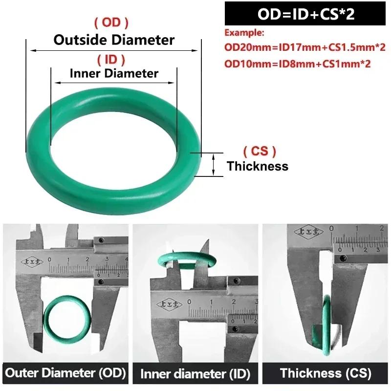Green CS 2.4mm OD FKM O Ring Sealing Gasket Oil Resistant High Temperature Fluorine Rubber 8-60mm Diameter 10/50pcs Set
