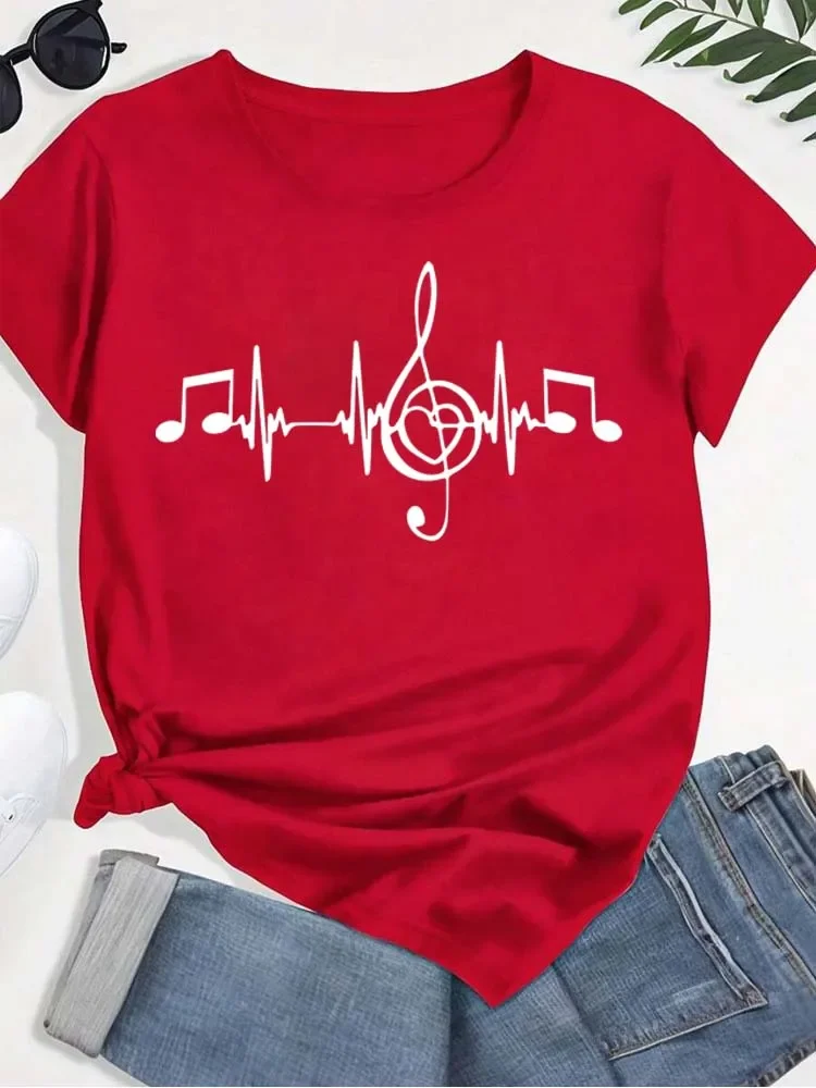 Music Note Printed Women's Fashion Top Women Casual Daily Summer Short Sleeve Crew Neck Street Harajuku Breathable Y2k Women Tee