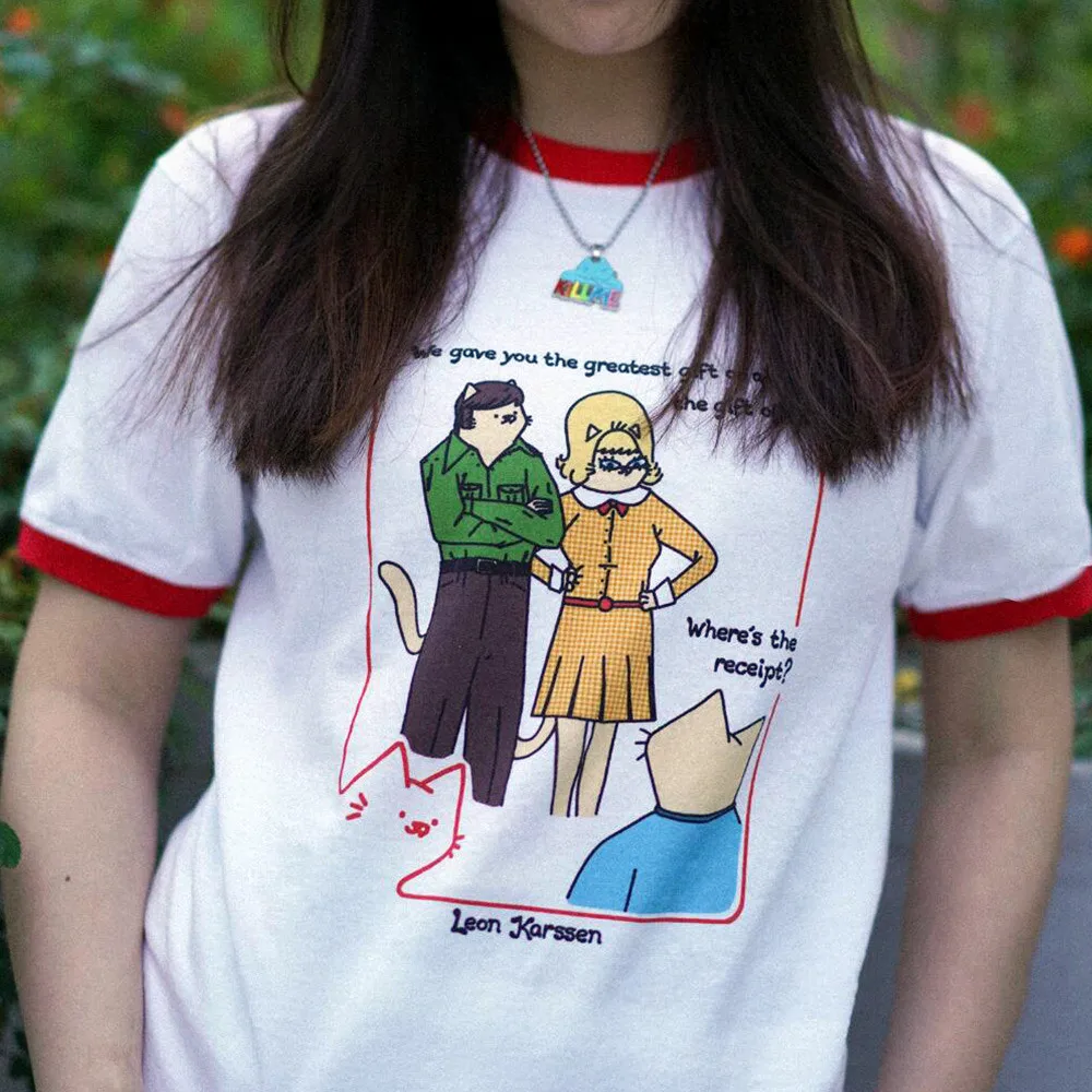 American Vintage Style Cartoon Printing Red Ringer T Shirts Unisex Loose Cotton Short Sleeve Tops Tees Funny Cat Lover Shirts