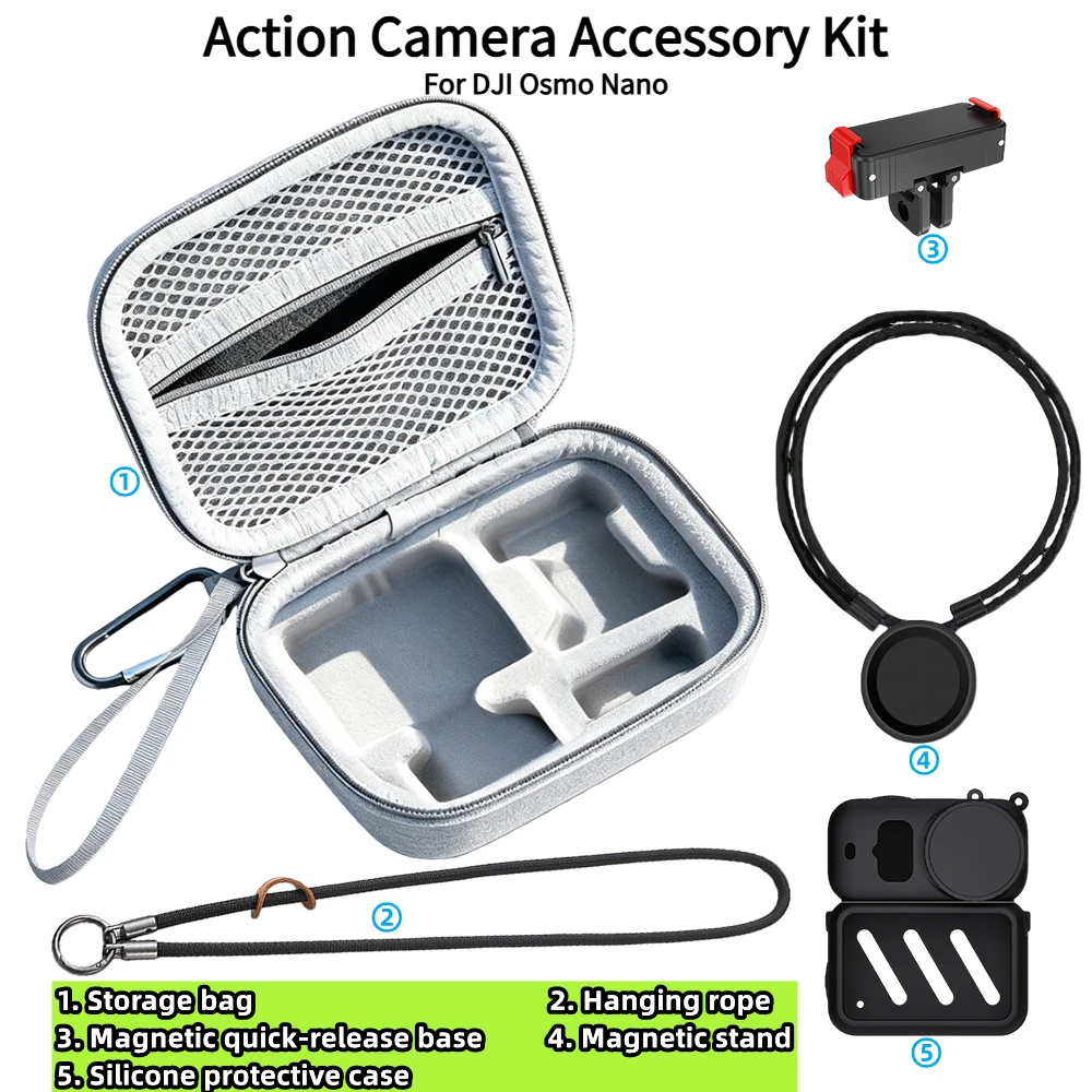 5-piece set For DJI Osmo Nano PU Portable Storage Bag Accessories Set with Lanyard Quick-Release Magnetic Stand Silicone Case