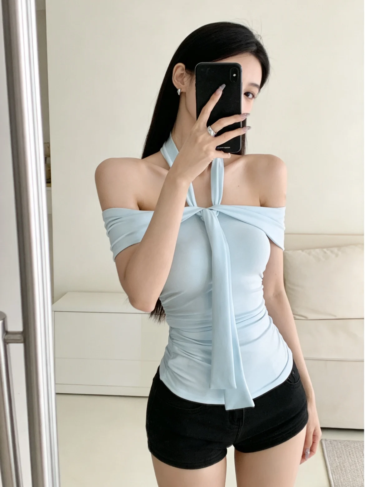 

Beloved Golden Girl Blue American Hot Girl One Shoulder Strap Summer Slim Short Style Bared Shoulder Top Women's Fashion