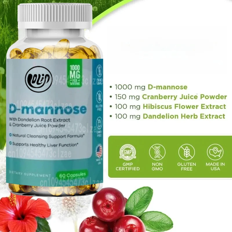 Suplemento D-mannose de 1000 mg, que contiene jugo de arándano en polvo, extracto de flor de hibisco y diente de león, 60 cápsulas