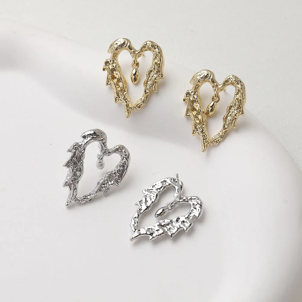 4PCS Irregular Heart Ear Studs Earrings for Jewelry Findings Components DIY Hand Made Brass 14k Gold Plated 20*25mm