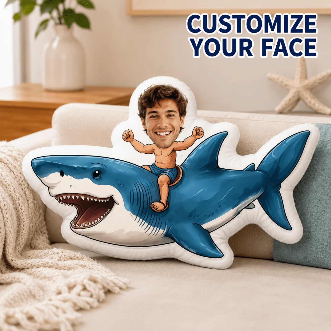 Personalized Photo Shark Pillow - Large Custom Face Cushion with Your Own Picture, Suitable for Sofa & Bed Decor, Birthday/Holid