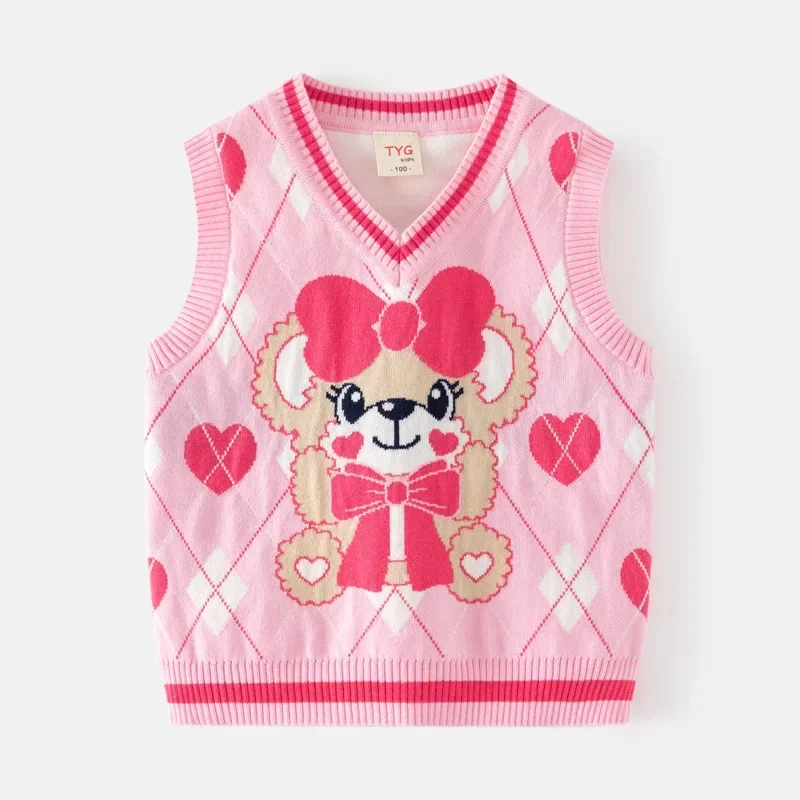 Korean Children Clothing Girls Love Little Bear Jacquard Sweater Vest Autumn Winter Baby V-neck Vest Girls Knitted Pullover 2-9T