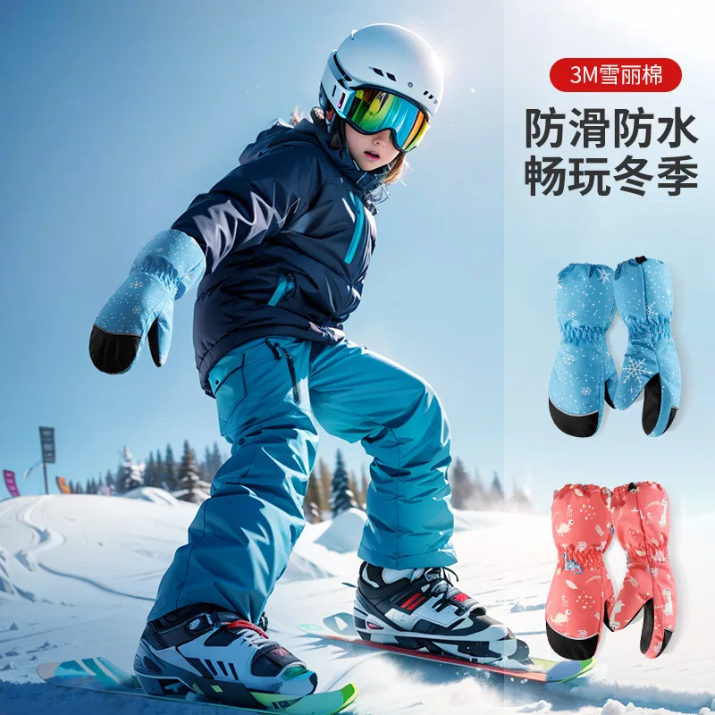 Luvas de esqui infantis inverno quentes à prova d'água à prova de vento, meninos meninas luvas de neve com forro de lã para esqui, ciclismo, esportes ao ar livre