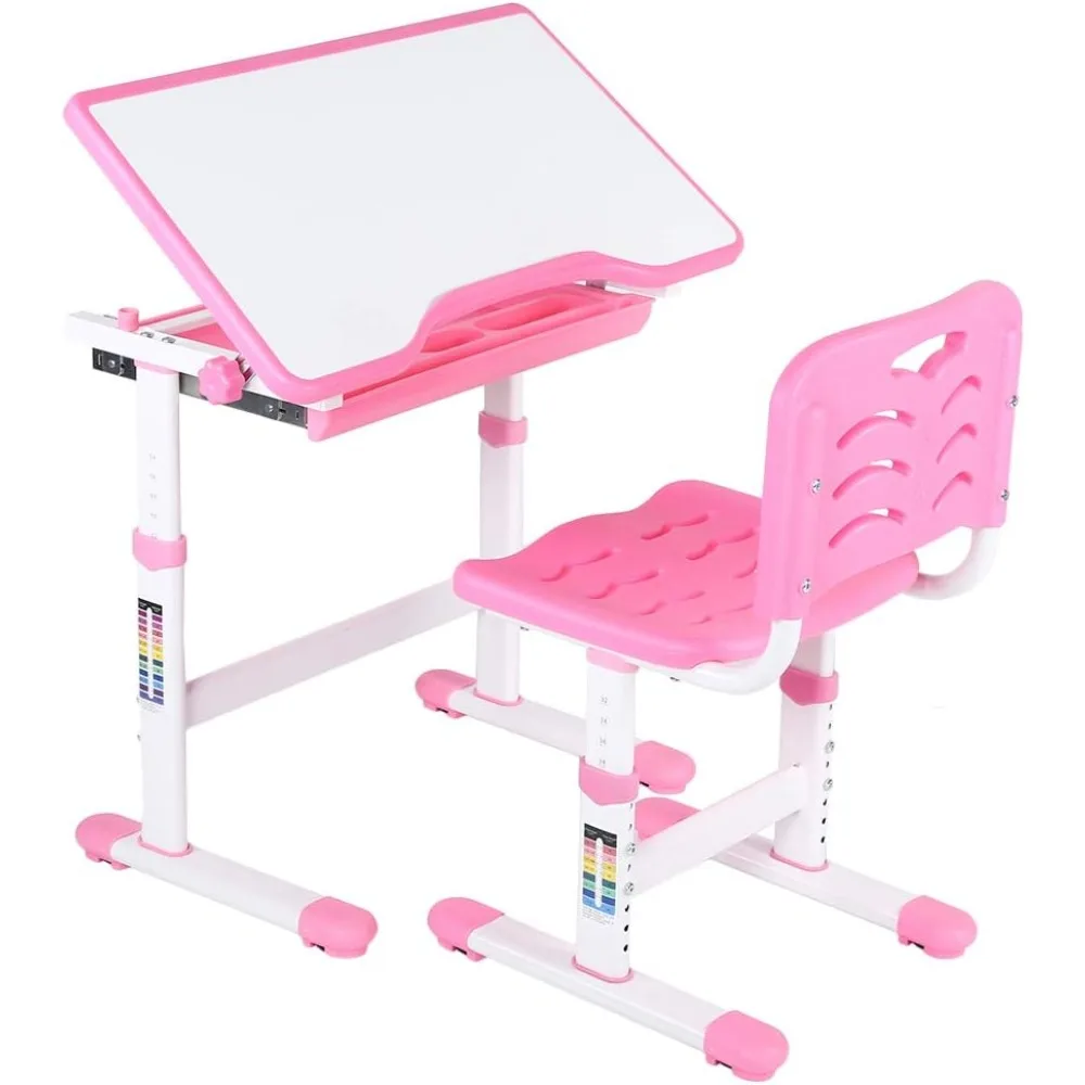 

Kids Study Desk with Chair, Adjustable Kids Study Homework Desk Chair Children Activity Art Table Set (Pink) Writing Desk