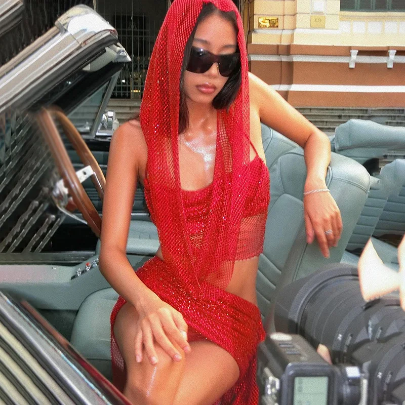 Damski zestaw: czerwona bluzka z kapturem i szarfą, owijana spódnica, seksowny komplet na świąteczne kolacje, bankiety, festiwale, imprezy, wieczorowe zestawy z dekoltem typu halter.