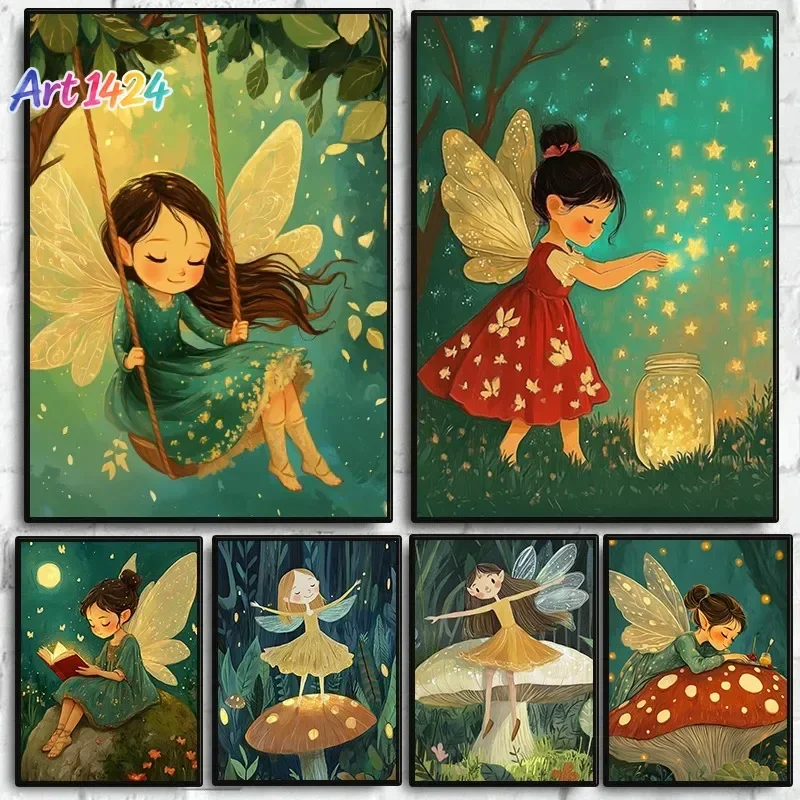 1pc frameless Whimsical Forest Magical Girl Poster Enchanted Woodland Elf Fairy Tales Canvas Wall Art for Nursery Kid Room Ho