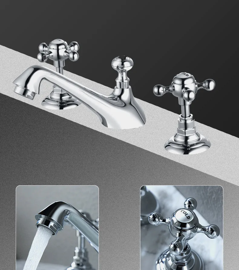 Tuqiu Basin Faucets Total Brass Widespread Bathroom Faucet  Gold Sink Faucets 3 Hole Hot And Cold Classical Faucet Water Tap