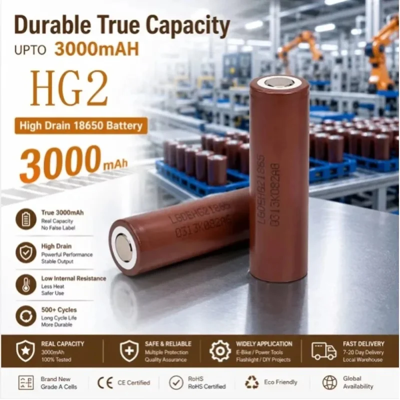 Hochwertige 18650 wiederaufladbare Batterie 3,7V HG2 3000mAh Hochstrom-Lithiumbatterie 30A Entladestrombatterie, geeignet für Drohnenbatterien und kleine Handbohrmaschinen.