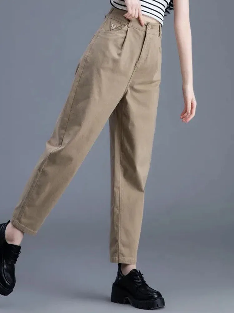 جينز حريم أخضر غير رسمي للسيدات موضة كورية سروال دينم عتيق مرن عالي الخصر لربيع وخريف طول الكاحل فضفاض Vaqueros جديد