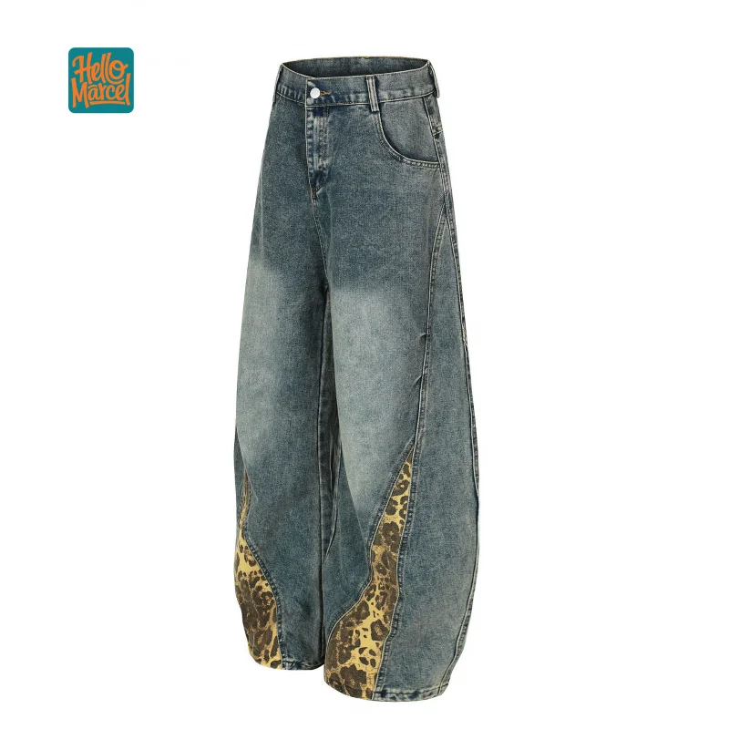 HELLOMARCEL EU US Size Luxury Quality Casual Pants Magic Autumn Retro Vibe Leopard Print Washed Jeans Loose Curved Pants Unisex