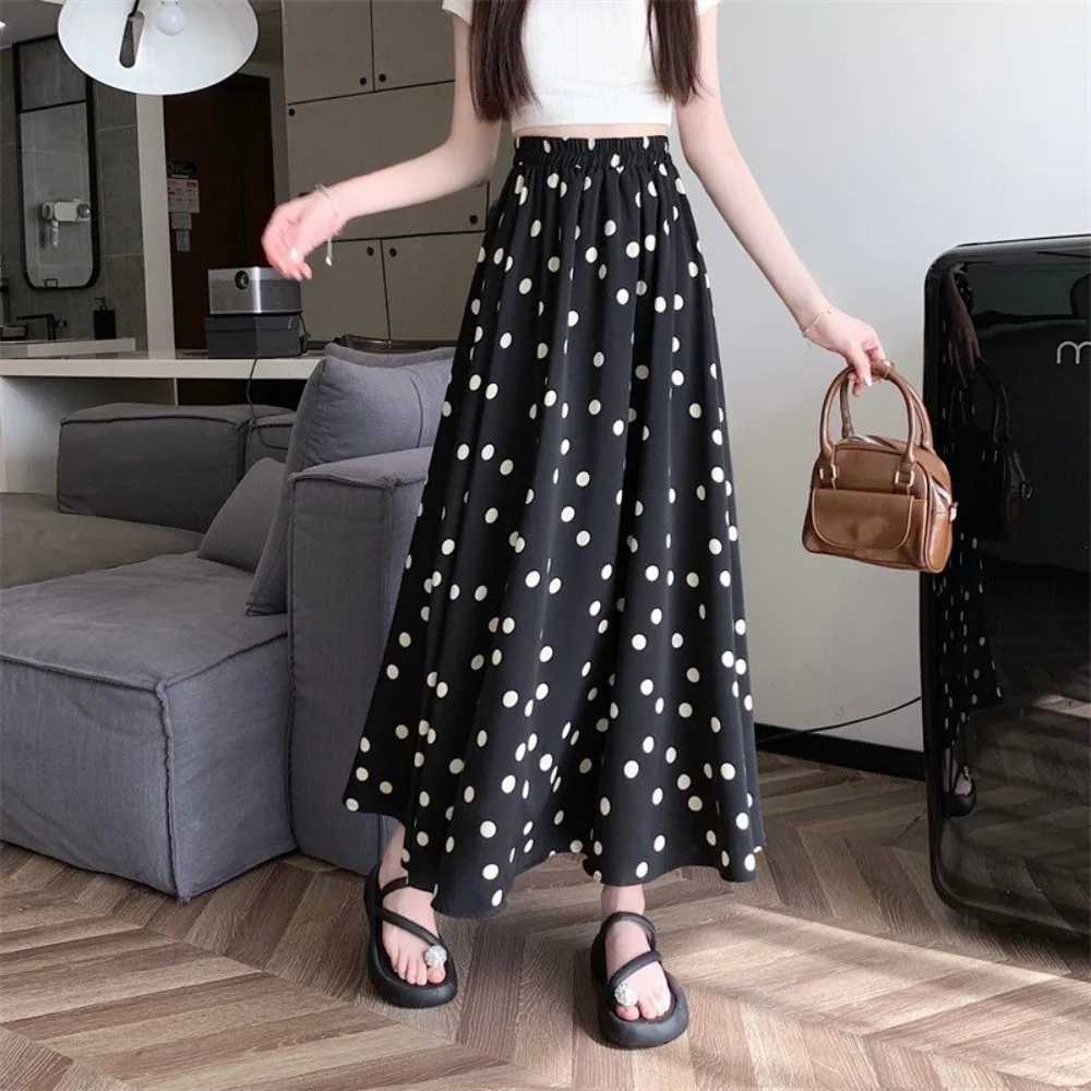 Breathable Elastic Waist Polka Dot Skirt Slim Fit Splicing Design A-Line Skirt Summer Pleated Half-length Dress Vacation