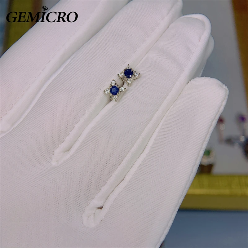 Gemicro 925 Sterling Silver Jewelry with 3mm Natural Sapphire Stone Earring Studs for Party Gift, Women Romatic and Cute Style