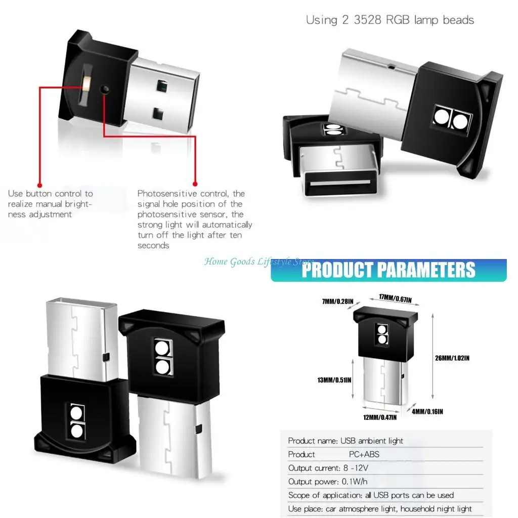 E74E 4Pcs 7 Color Small USB LED Atmospheres Lights Auto Interior Decorative Lamp