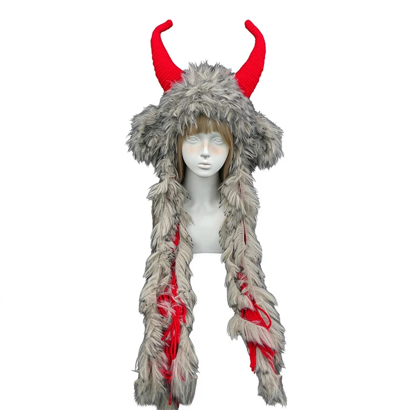 Handmade Red Grey Viking Goat Bull Horn Hat Men Custom Crochet Knit Long Tassel Beanie Women Winter Warm Cosplay Festival Cap
