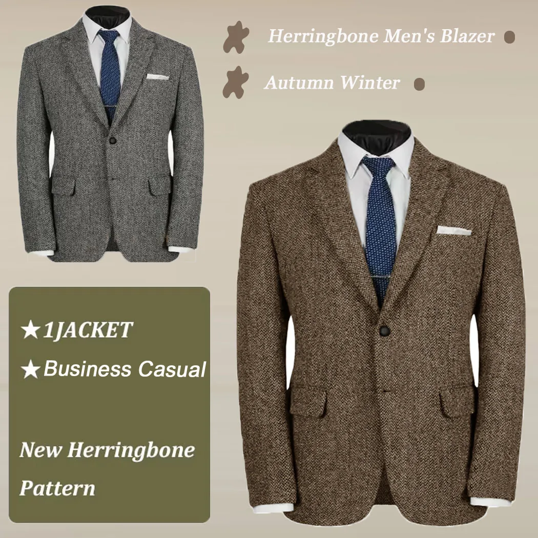 Abito da uomo Blazer grigio Smoking da ballo Giacca da lavoro formale monopetto in tweed di lana a spina di pesce per matrimonio (solo cappotto)