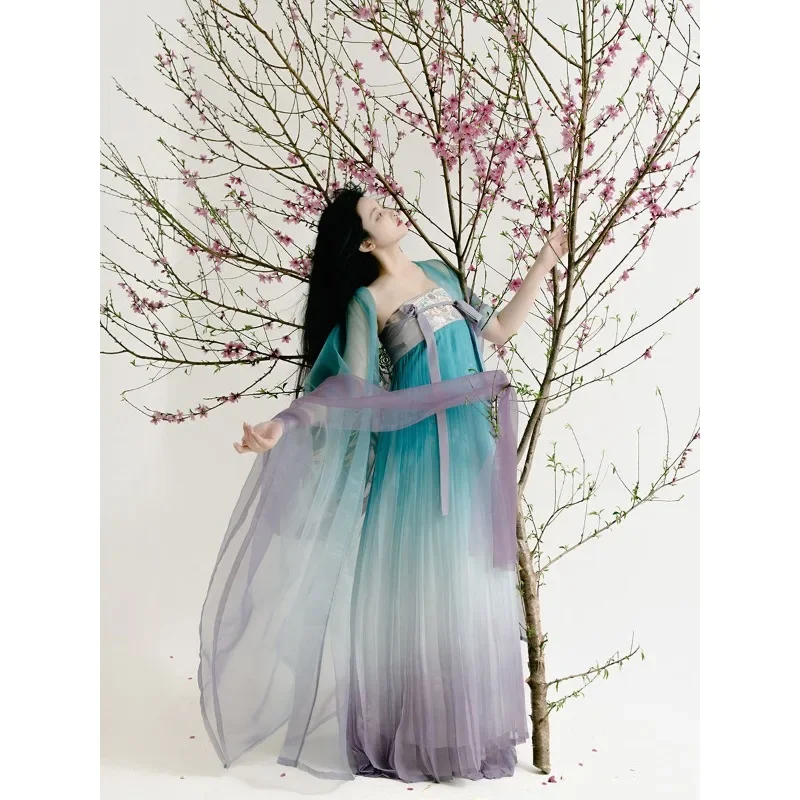 Vestido feminino de princesa Tang Dynasty, vestido hanfu, gradiente azul e rosa elegante, terno hanfu, roupa cosplay, 2024