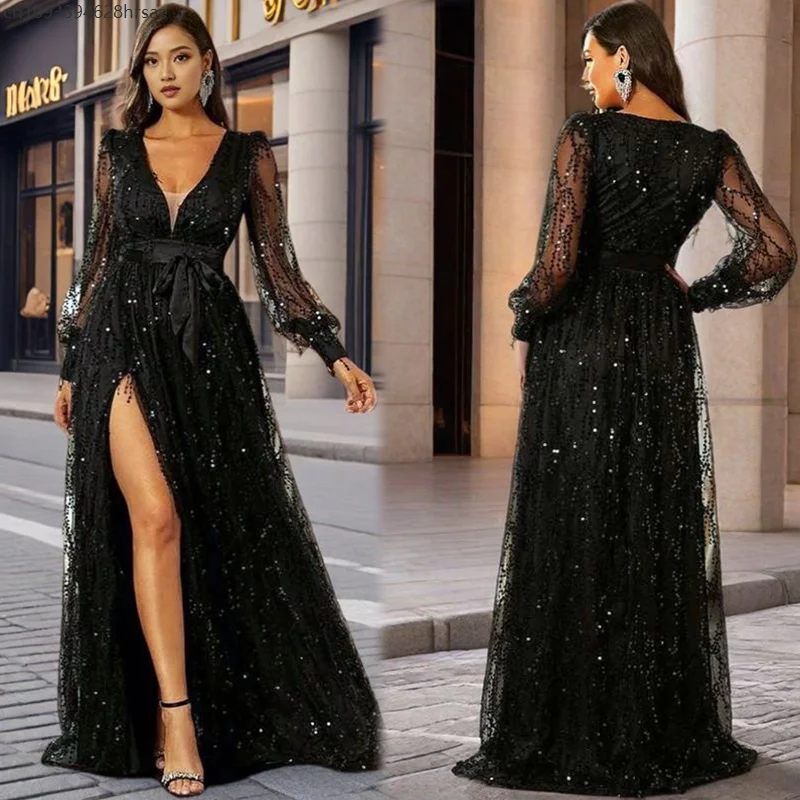 Brightly Elegant Banquet Elegance Ladies Black Mesh Sequin Deep V-neck Wedding Event Evening Long Dress Women's Dresses