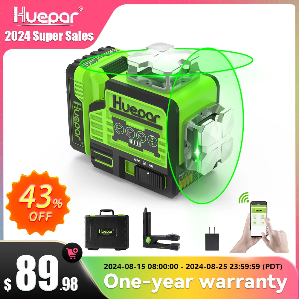 

Huepar P02CG 8 Lines 2D Cross Line Laser Level Self-leveling Osram Green Horizontal Vertical Beam With Bluetooth&Remote Control