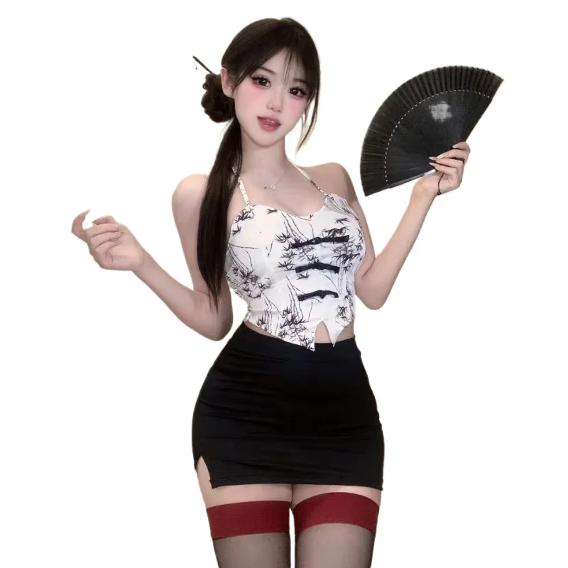 2025 New Underwear Chinese Style Hanging Neck Qipao Wrap Buttocks Short Skirt Printed Spicy Girl High End Set For Women