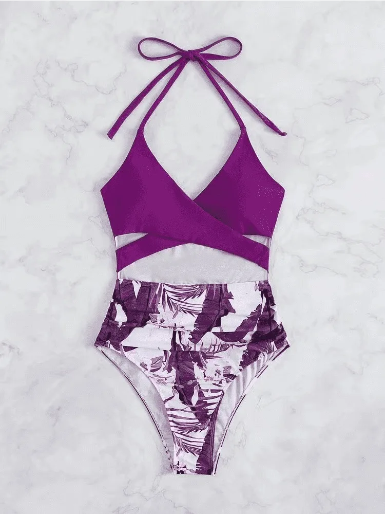 

Purple Swimwear 2025 Woman One Piece Swimsuit Bathing Suit Women Cut Out Summer Outfit High Waist Print Bodysuit Beach Wear