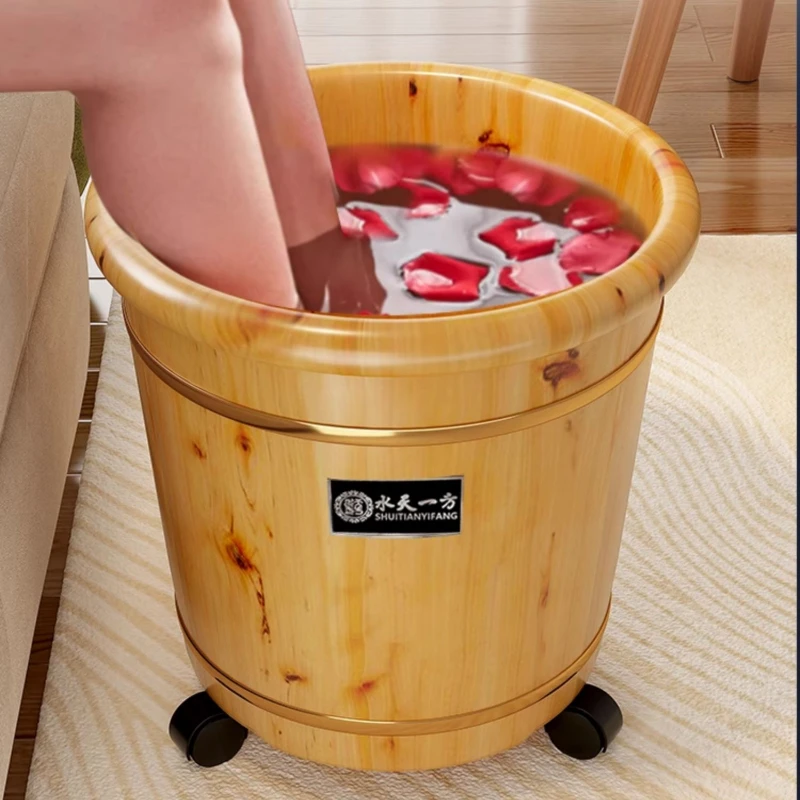 

Solid Wood Foot Soaking Bucket Movable Foot Bath Tub Long-Lasting Insulation Basin Acupressure Massage High Tub